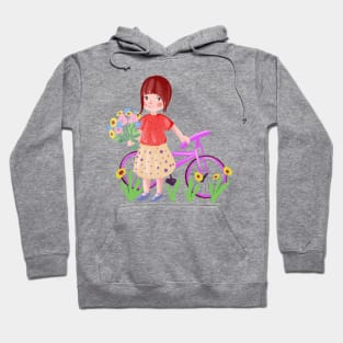 cartoon girl with a bicycle and a bouquet of wildflowers Hoodie